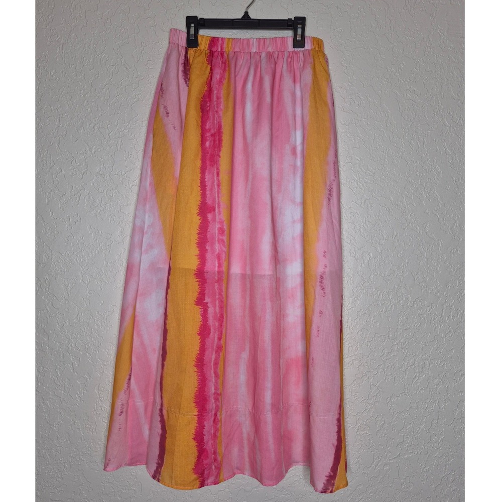 Beulah Style Pink Orange Tie Dye Stripe Maxi Skirt Large Boho Summer Flowy